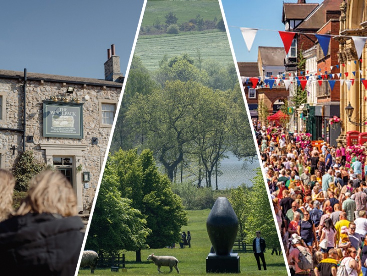 collage of three images; English pub, countryside with art sculptures, food festival crowd