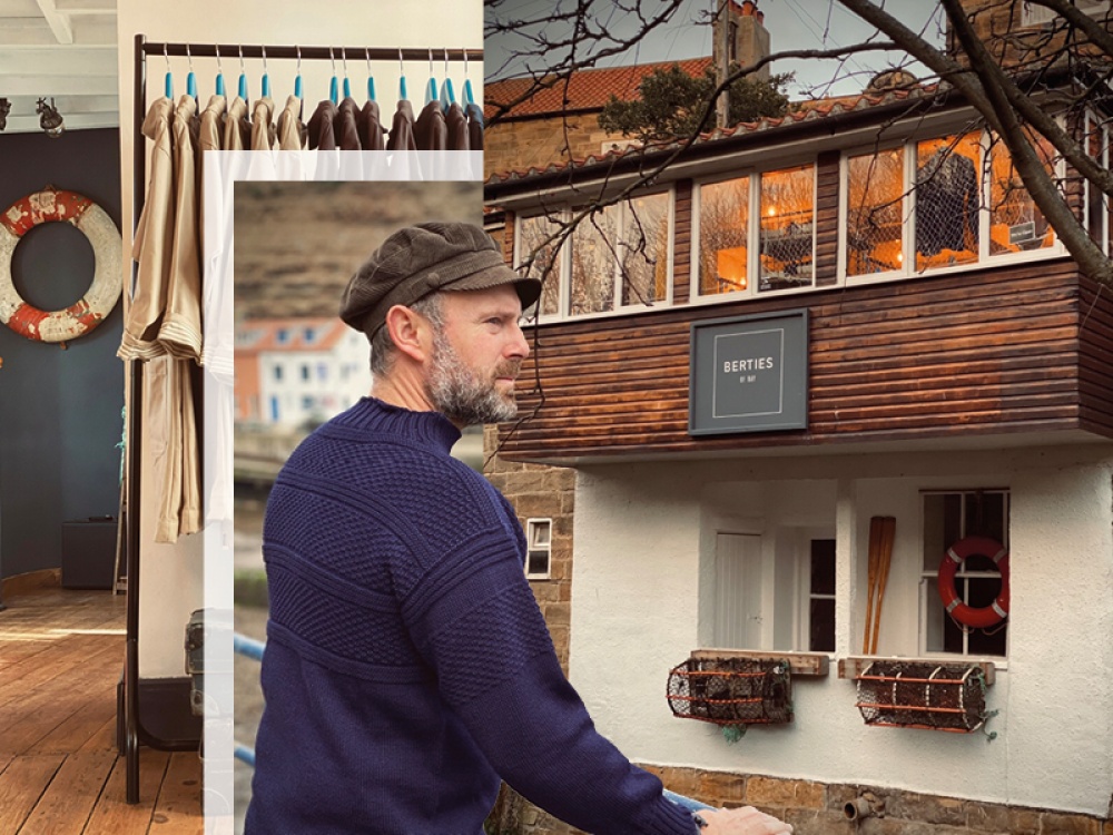 collage: rack with hanging coats, Matthew Pugh wearing a cap and jumper and building with Berties of Bay sign
