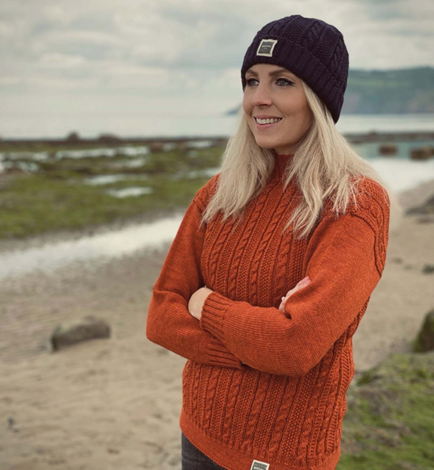 woman wearing Bertie of the Bay Hat and Jumper