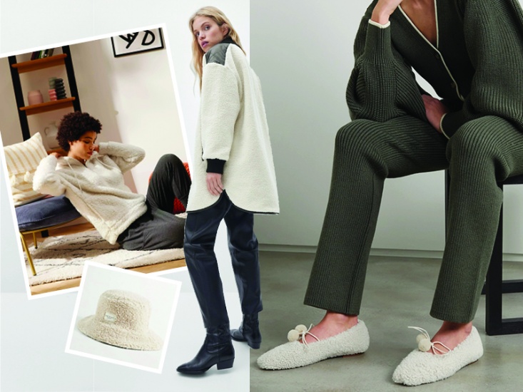 collage of models wearing bouclé and product