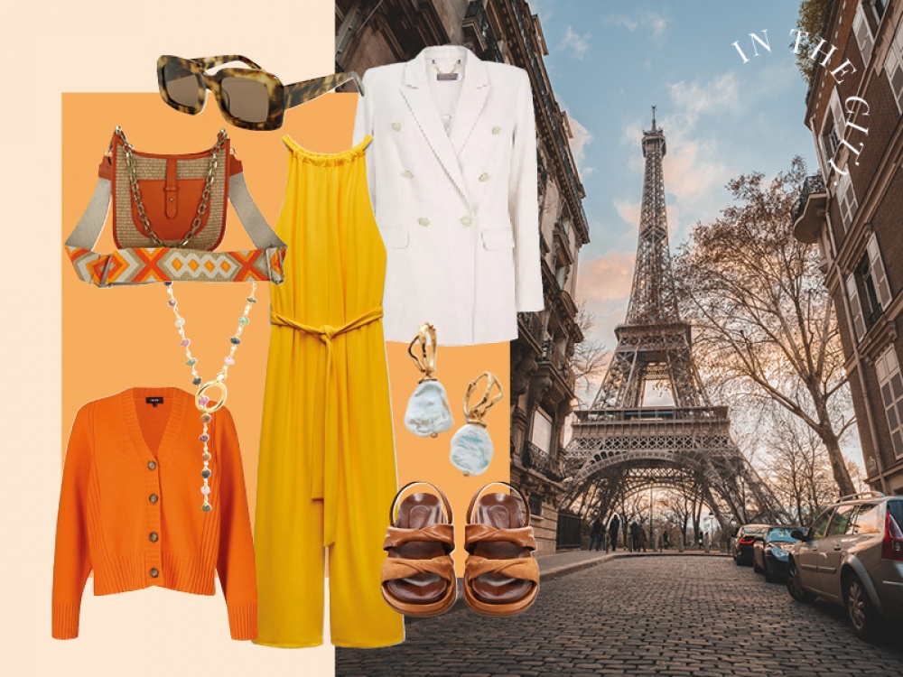 photo of Eiffel Tower in Paris and Collage of clothing Product shots
