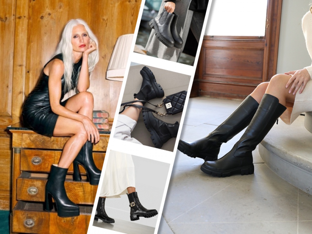black winter boots on model