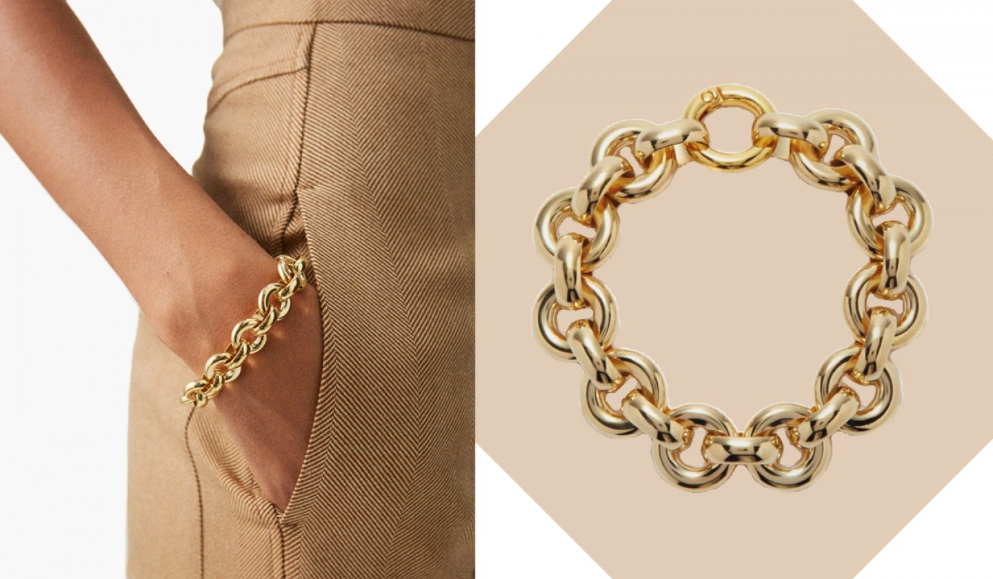 model wearing chunky gold bracelet and a product shot