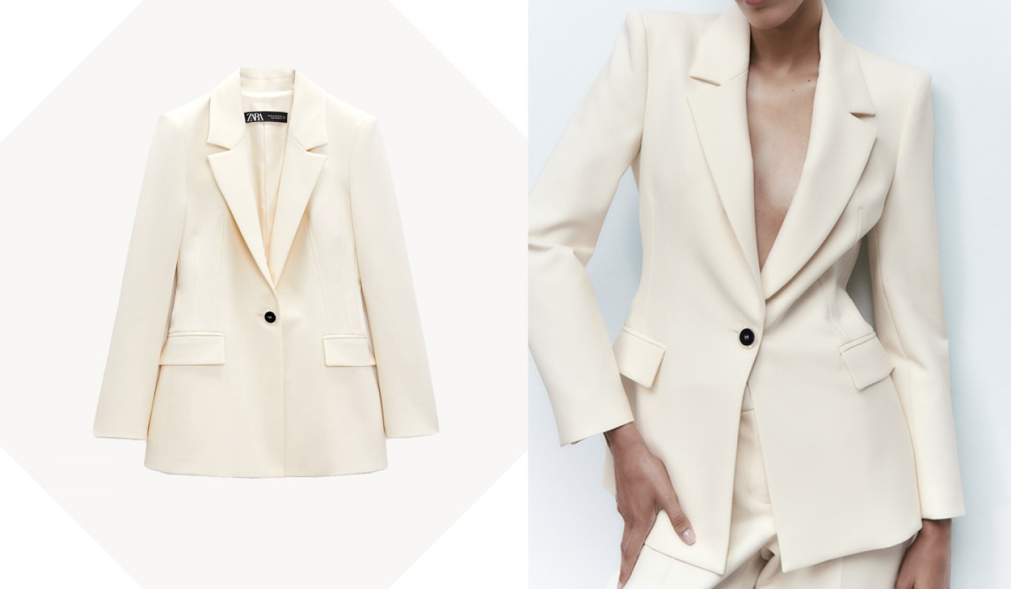 Cream blazer product and pic of model wearing it