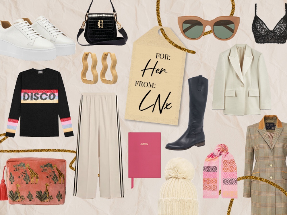 collage of fashion gifts with gift tag