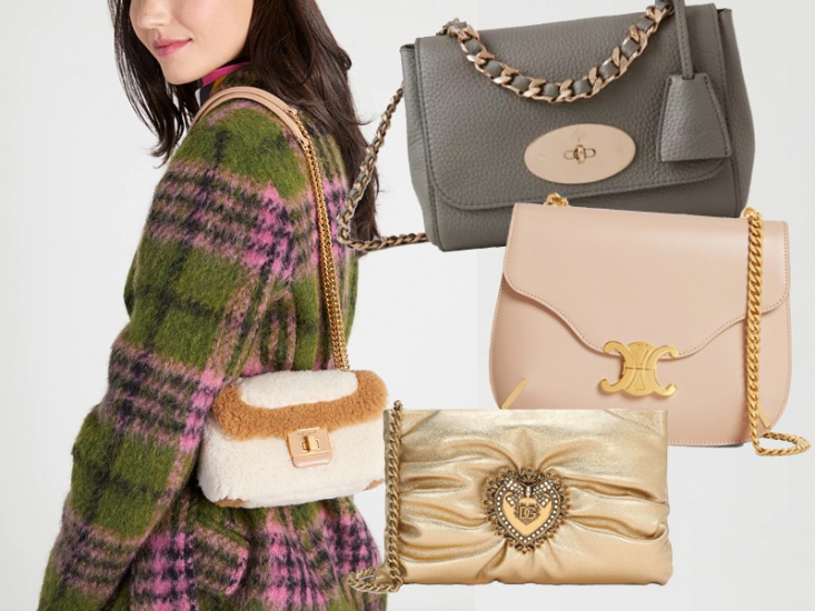 a model styling a chain bag on her shoulder with handbags cutout on top to make a collage