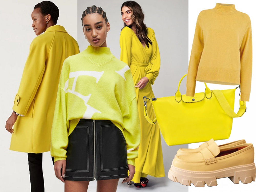 on the left 3 models wearing yellow clothing, on the right 3 fashion products cut out into a collage