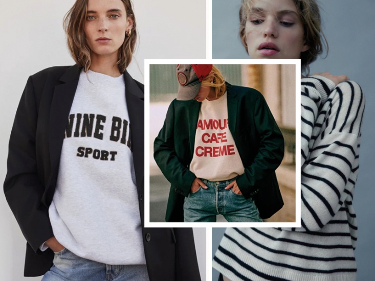 3 images of model wearing slogan sweatshirts