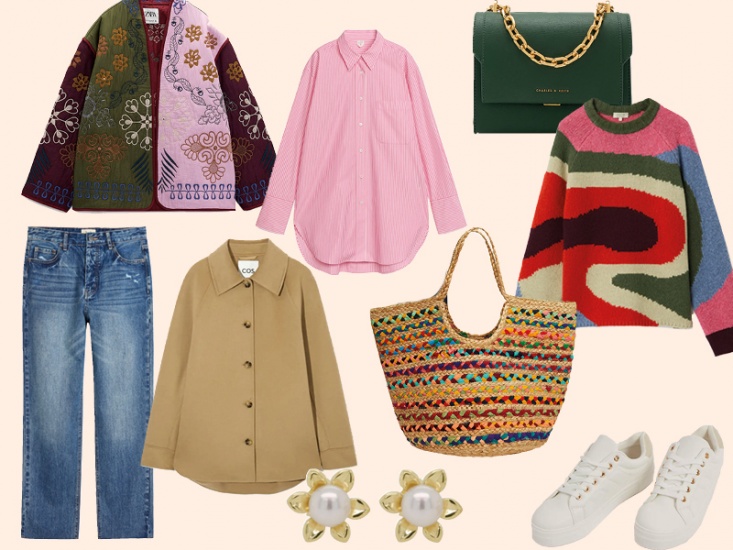 fashion products cut out on a peach background