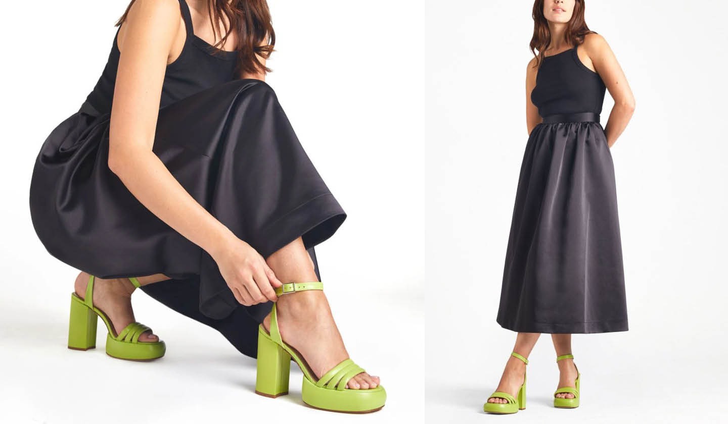 Model wearing lime green Platform sandals