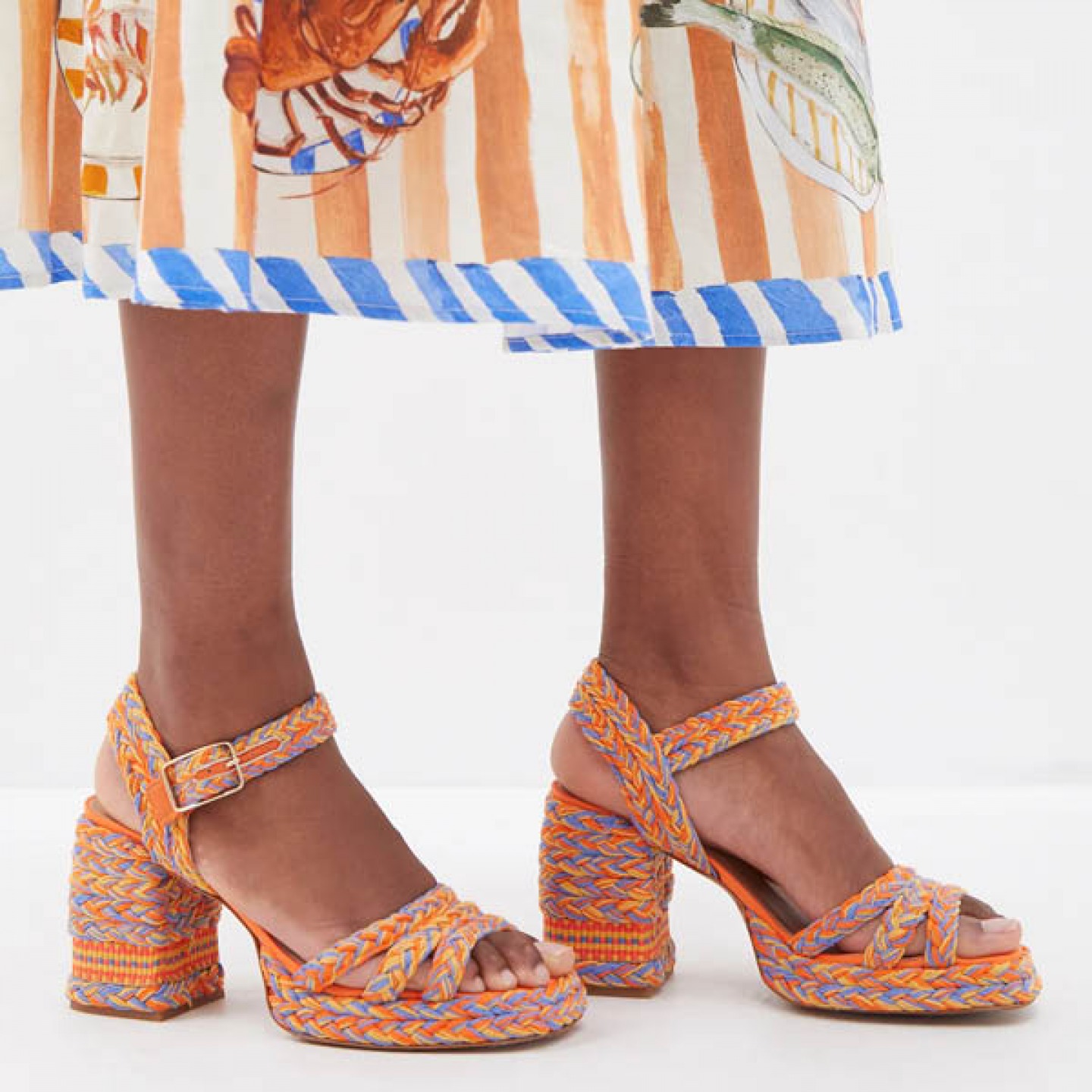 Model wearing Raffia multi-coloured sandals