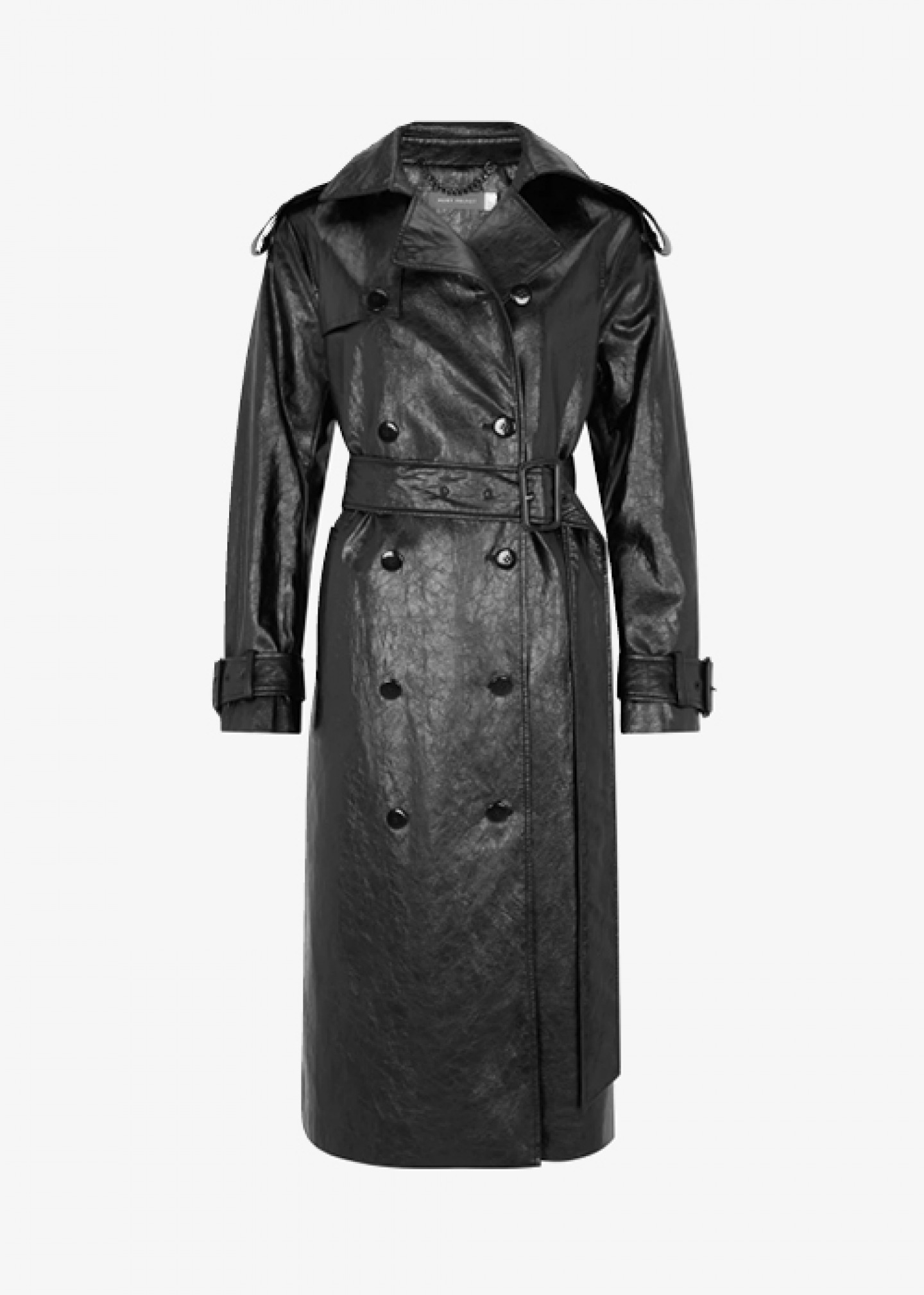Black faux leather trench coat