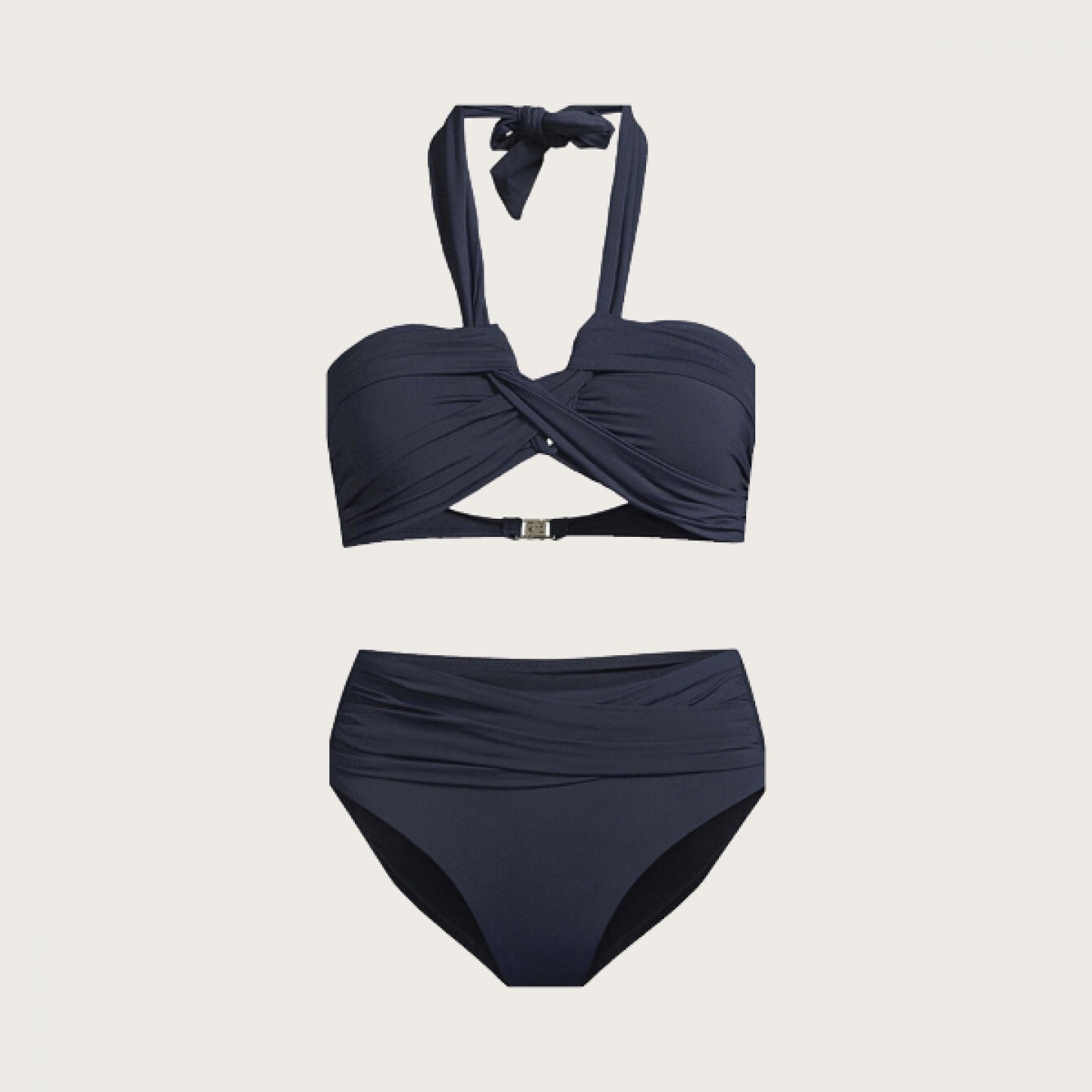 Navy halter bikini top and high waist bottoms