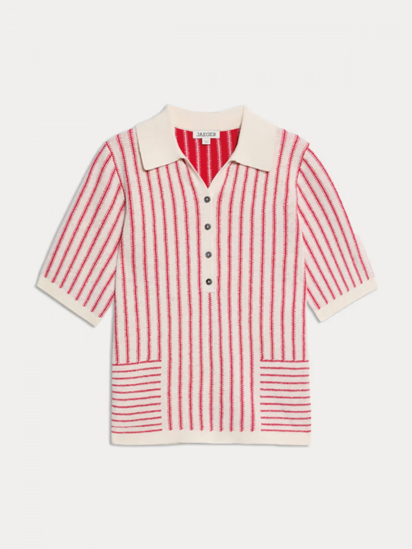 Re and white striped top with 3/4 button and collar
