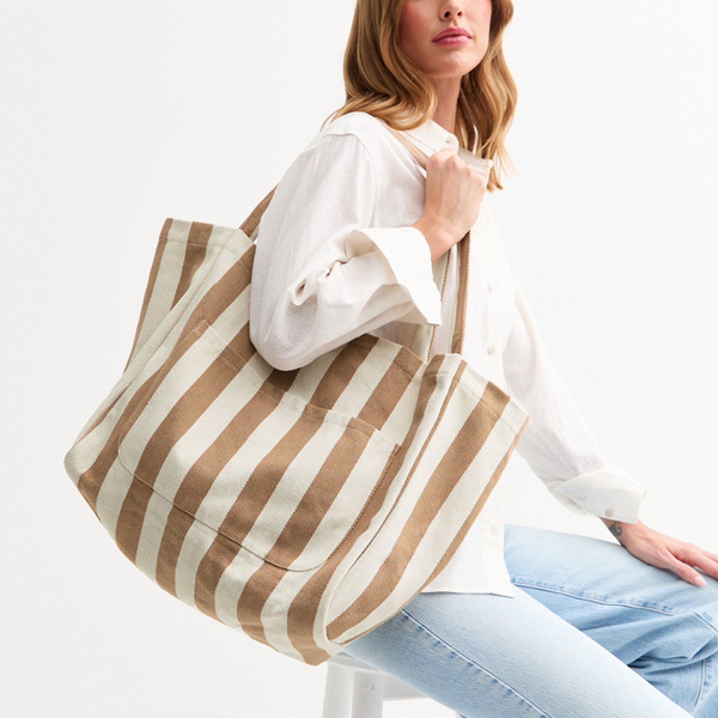cream and beige Stripe tote