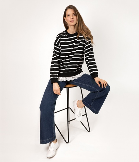 Model wearing jeans and jumpers sitting on a stool