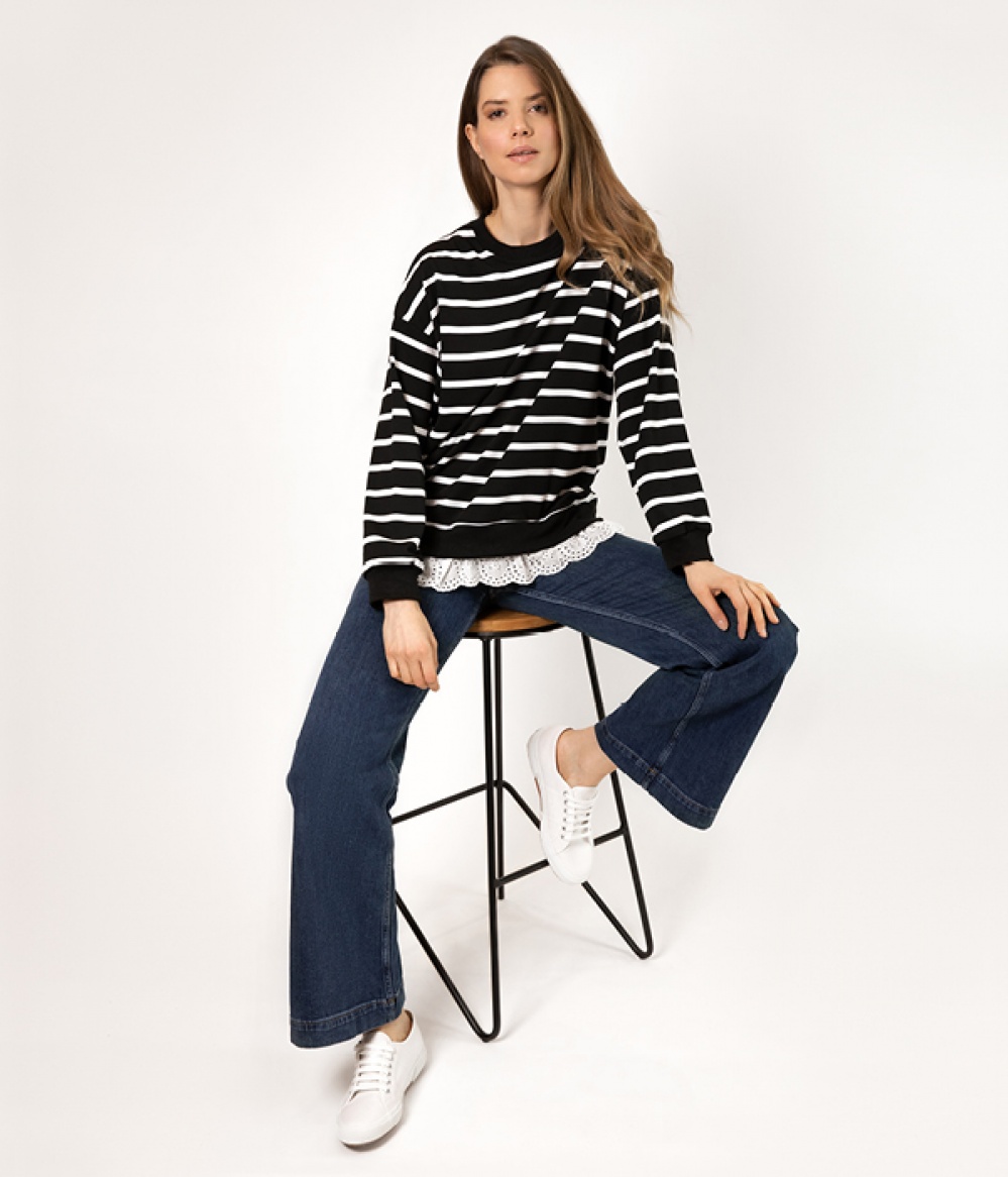 Model wearing jeans and jumpers sitting on a stool