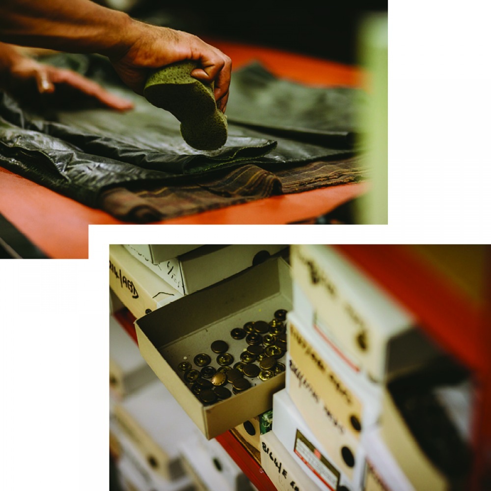 barbour getting re-waxed and boxes of buttons used on the coats