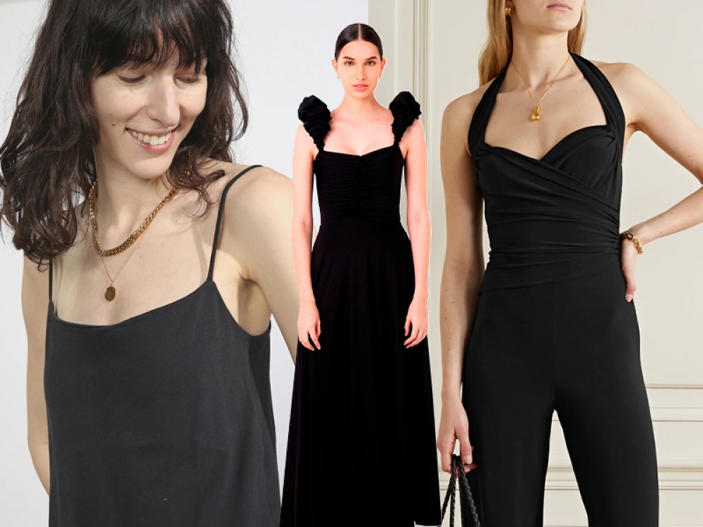 Collage of models wearing black dresses