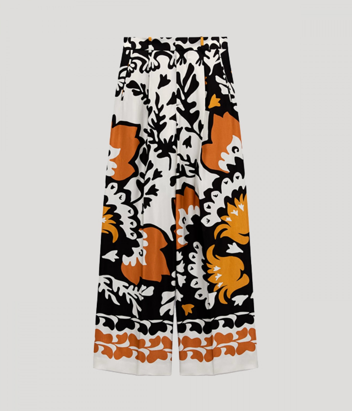 orange, white and black wide leg trousers