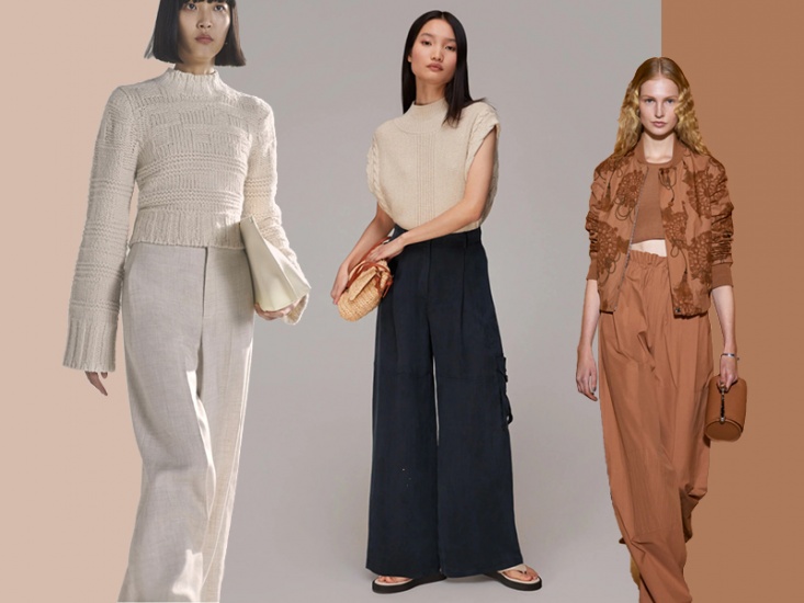 collage of models wearing wide leg trousers