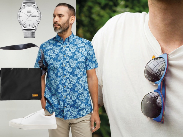 Collage of model wearing blue floral shirt, model with sunglasses hanging from t-shirt neck and product