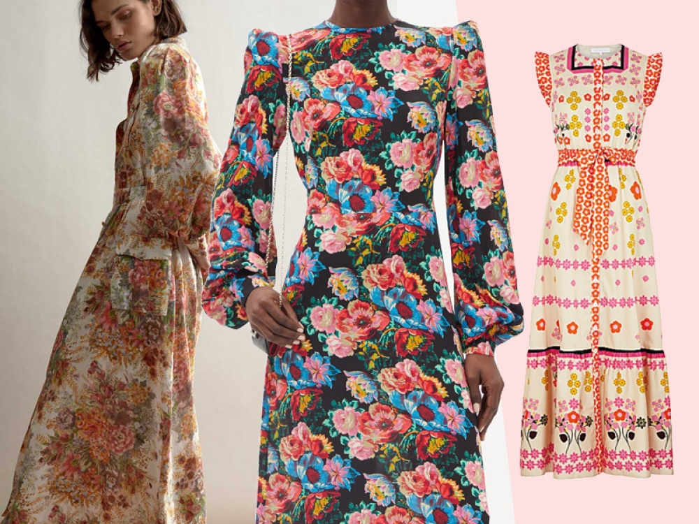Collage of models wearing floral dresses