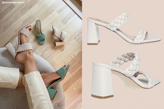 plaited mules in white and green
