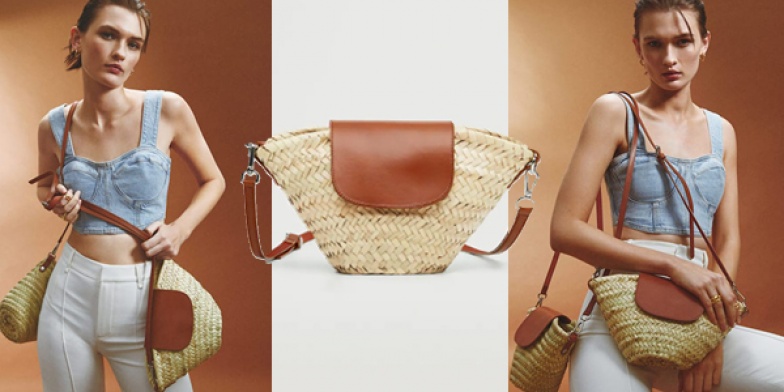 Leather flap raffia bag, £49.99 Mango