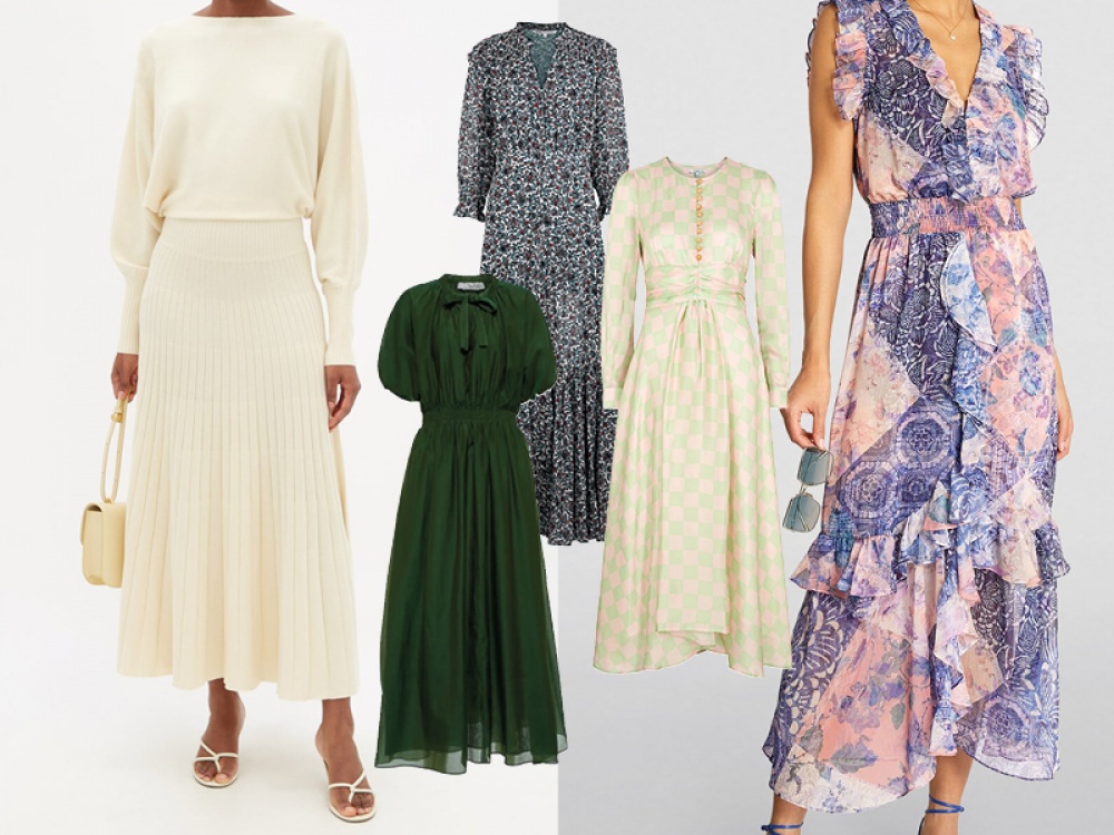 2 models wearing maxi dresses and 3 product shots overlaid
