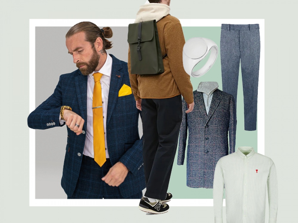 model wearing a blazer with a collage of product shots