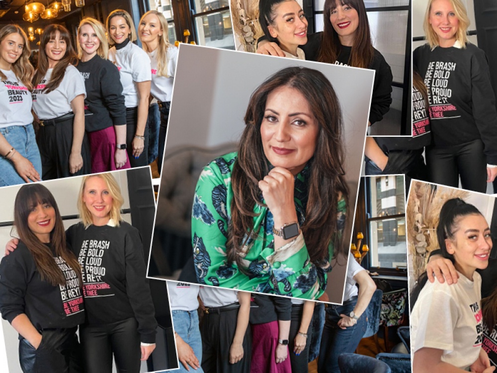 collage of images of women smiling at a beauty event