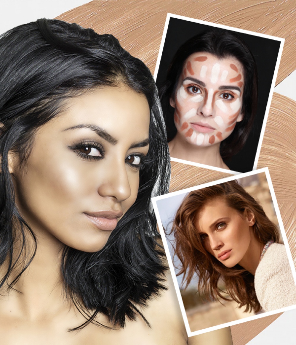 collage of women wearing bronzer and a woman’s face with contouring make-up not blended