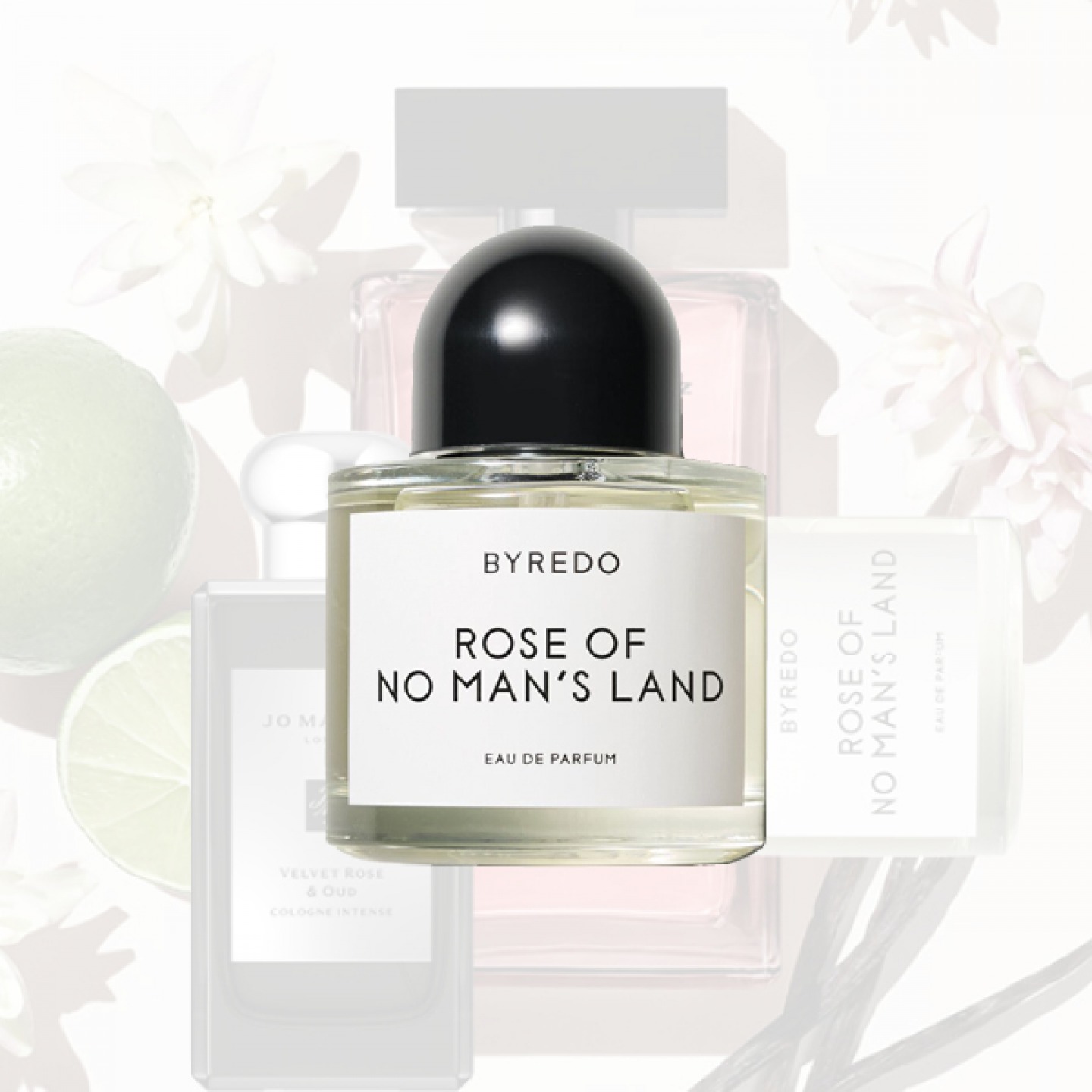 Small perfume bottle on decorative background