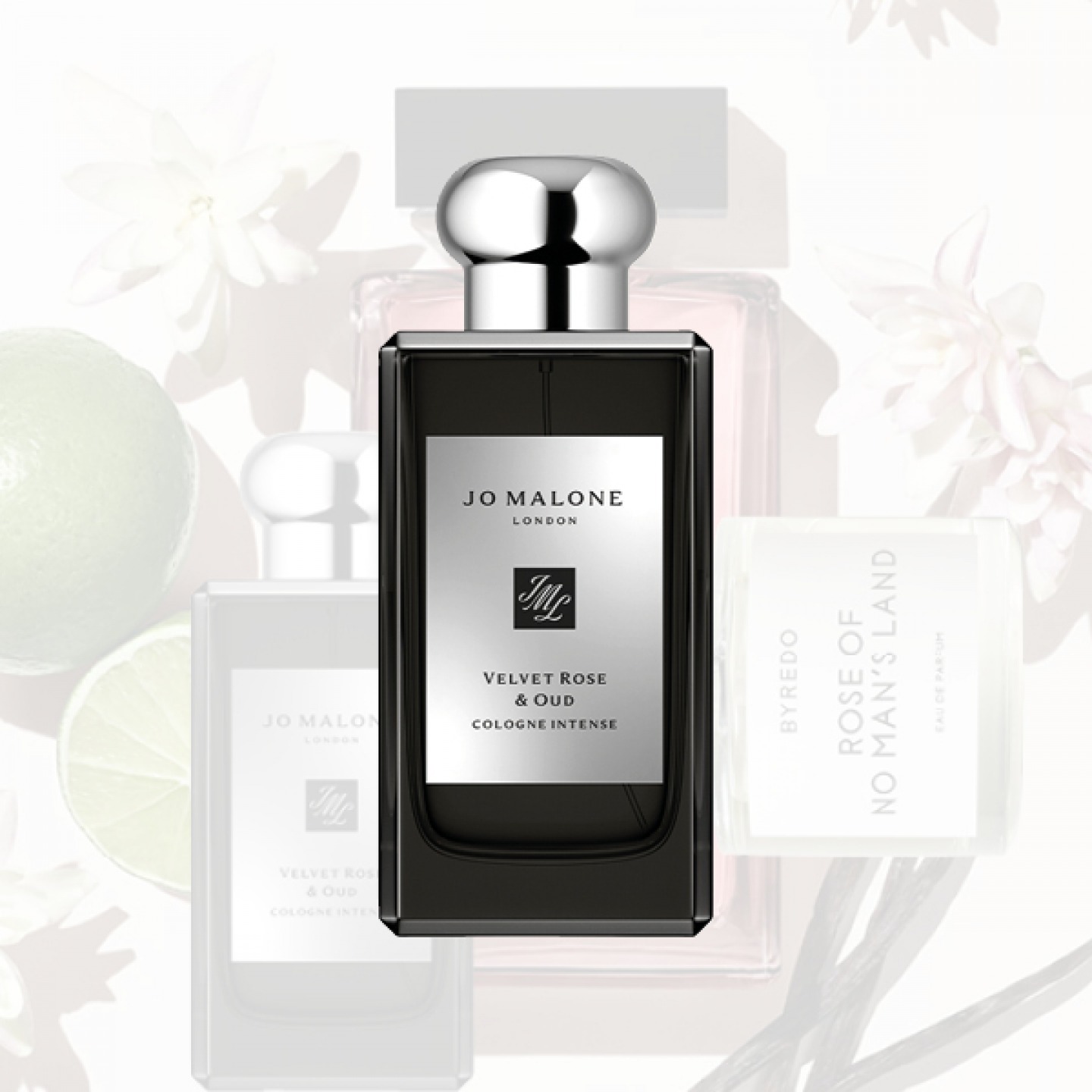 Black perfume bottle on decorative background