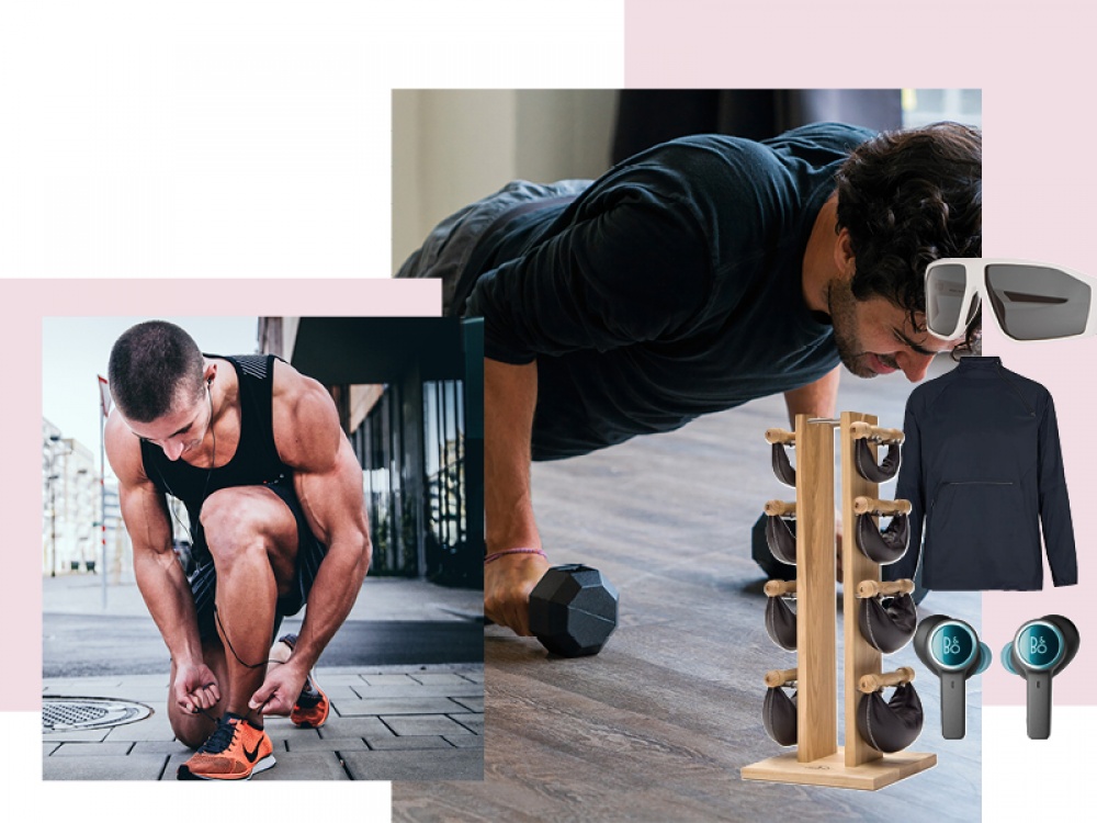 Collage of featured products and models shots of men exercising
