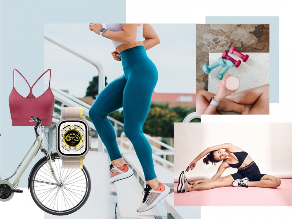 Collage of Featured product and model shots of women exercising