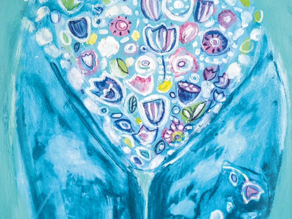 Abstract painting of a womans hips in blue and floral