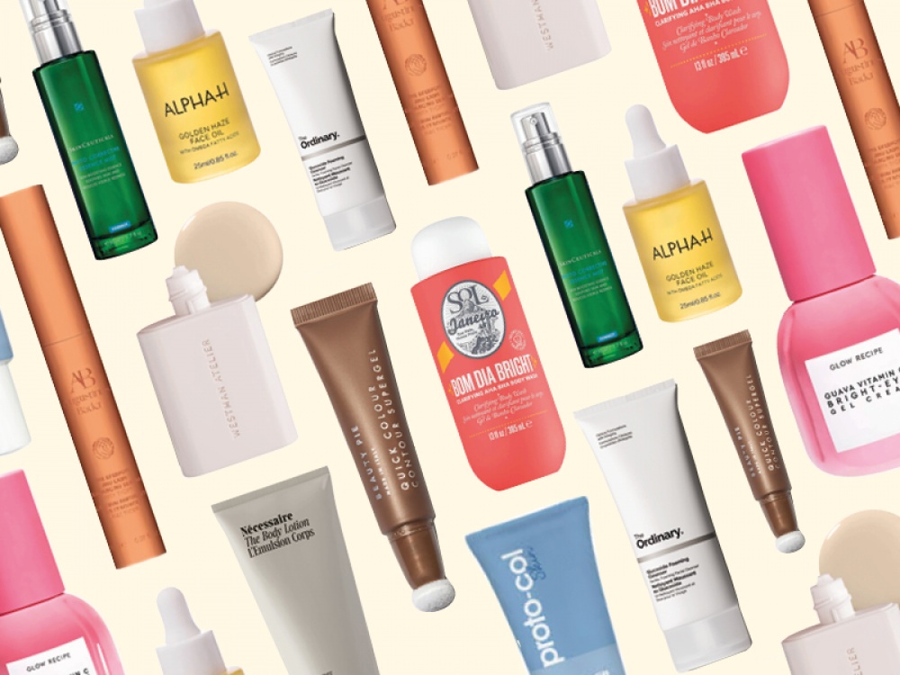 collage of featured beauty products on a yellow background