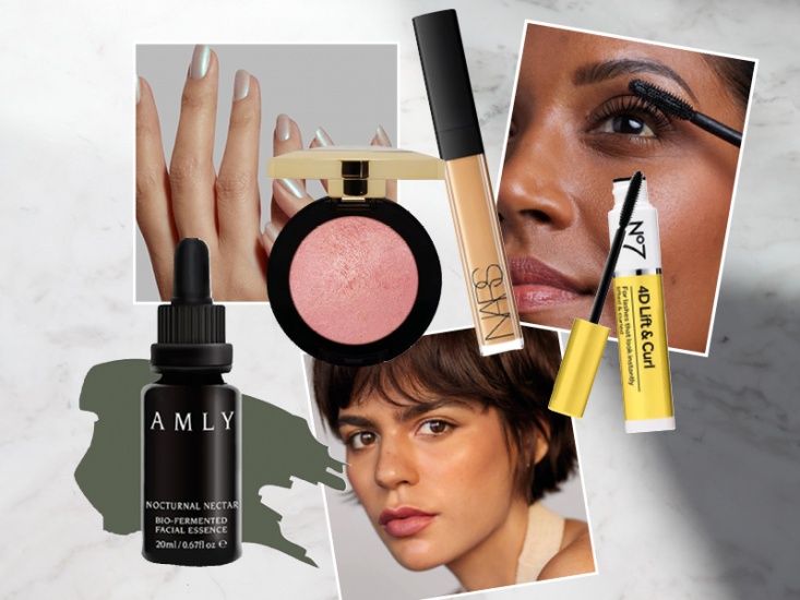 collage of beauty products cut out on a marble background