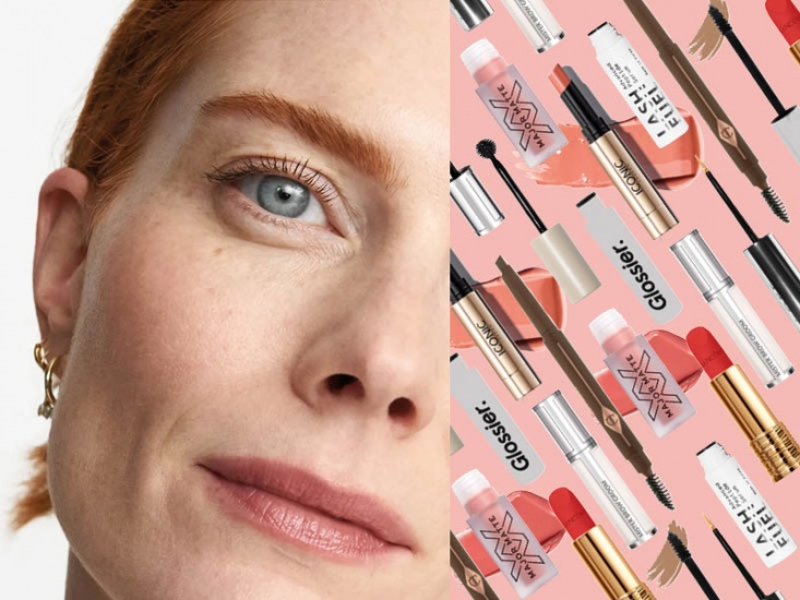 product and a model wearing natural looking makeup