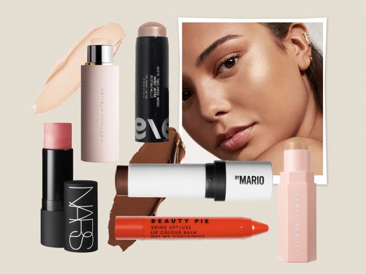 collage of beauty products on a beige background