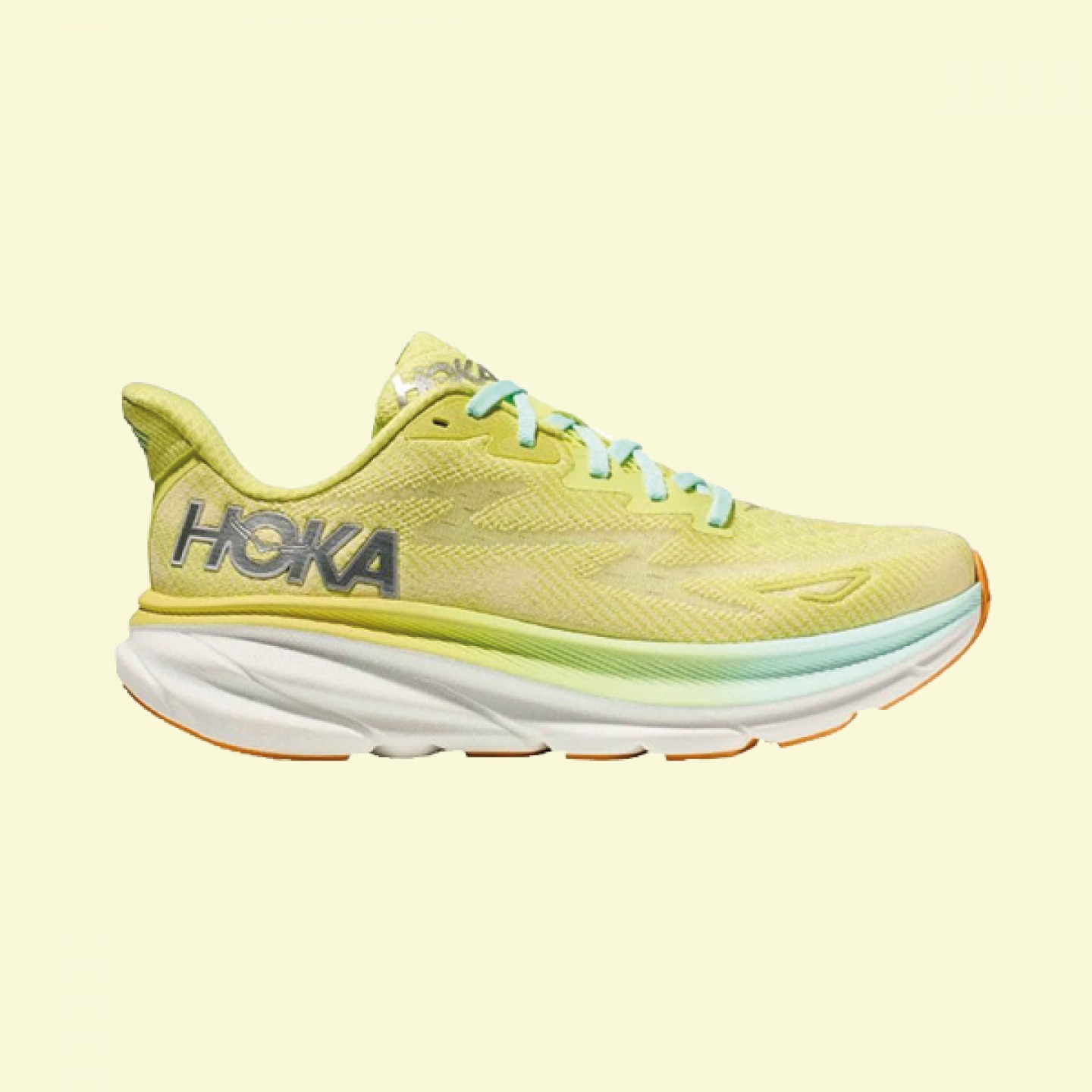 Womens’ Clifton 9 wide running shoes in citrus glow/sunlit ocean