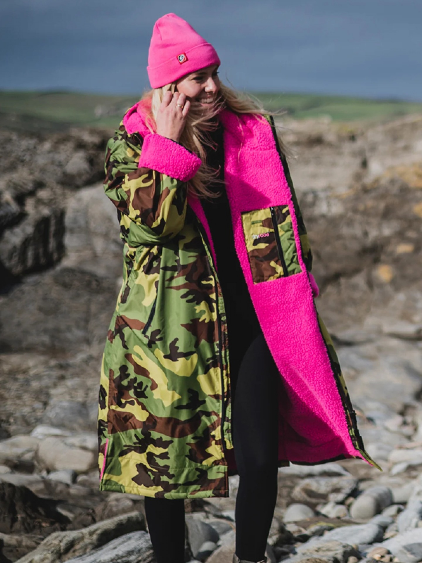 Pink and camouflage changing robe