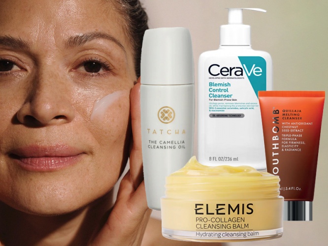 cleanser bottles overlaying a skincare promo