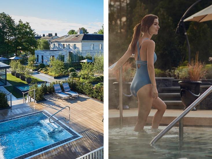 outdoor hot tub and women walking in a pool