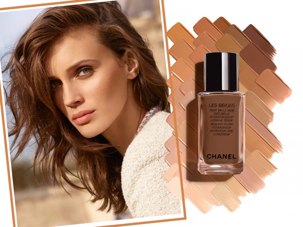 model image, Chanel foundation bottle with product sample colours behind
