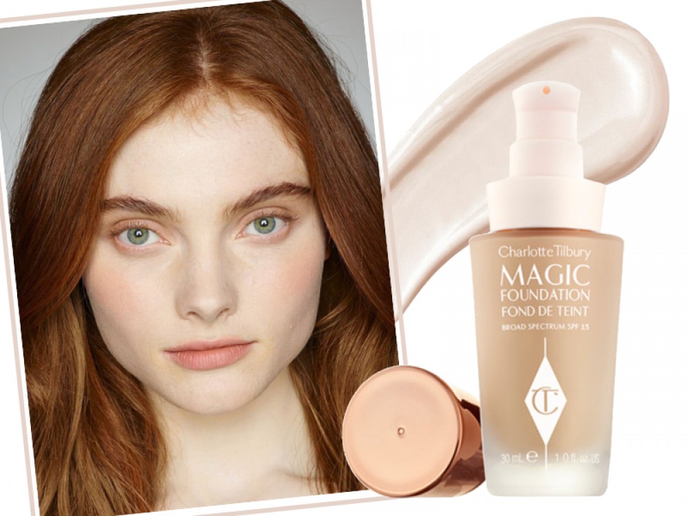 foundation bottle, model shot and product sample