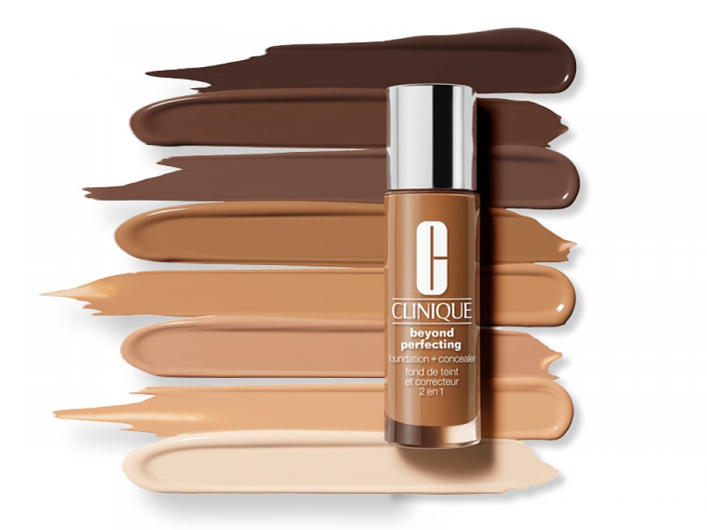 Clinique foundation bottle with product sample behind