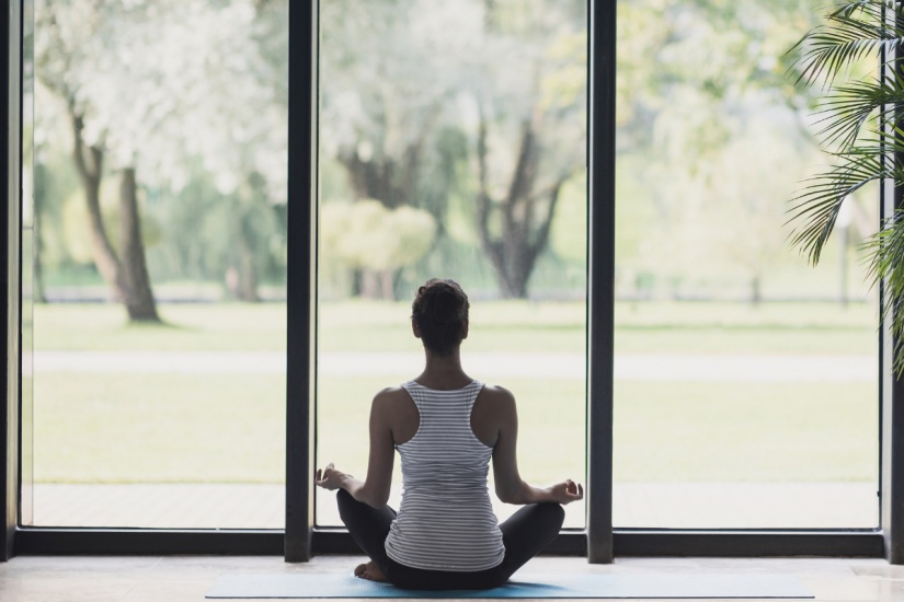 A woman setting with her legs cross and arms resting on her knees with her back towards us, looking out towards a big window with black panels and green grass and trees